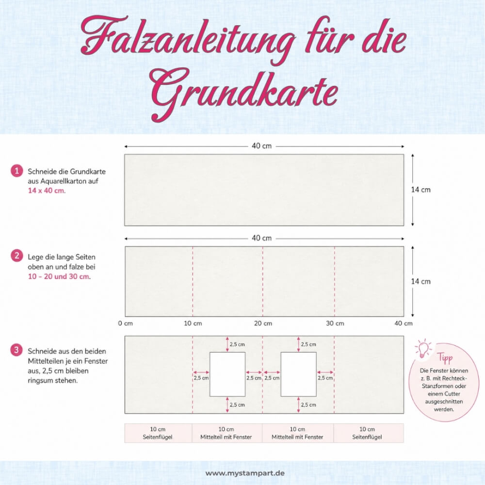 Skizze zur Falzanleitung der Grundkarte: 14 x 40 cm zuschneiden, bei 10, 20 und 30 cm falzen und in die beiden Mittelteile je ein Fenster schneiden