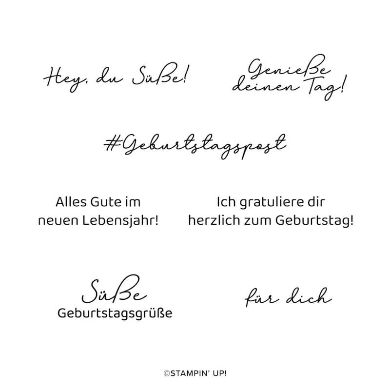 Stempelset des Kreativsets mit Geburtstagssprüchen wie Hey du Süße und Für dich