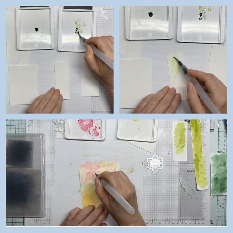 Drei Fotos: Hände färben schmale Streifen Aquarellpapier mit Schwämmchen ein
