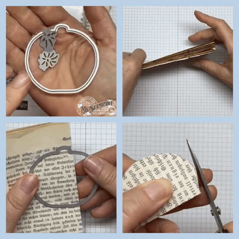 Vier Fotos: Stanzform von Stampin’ Up!, Papierdraht und zugeschnittene Buchseiten