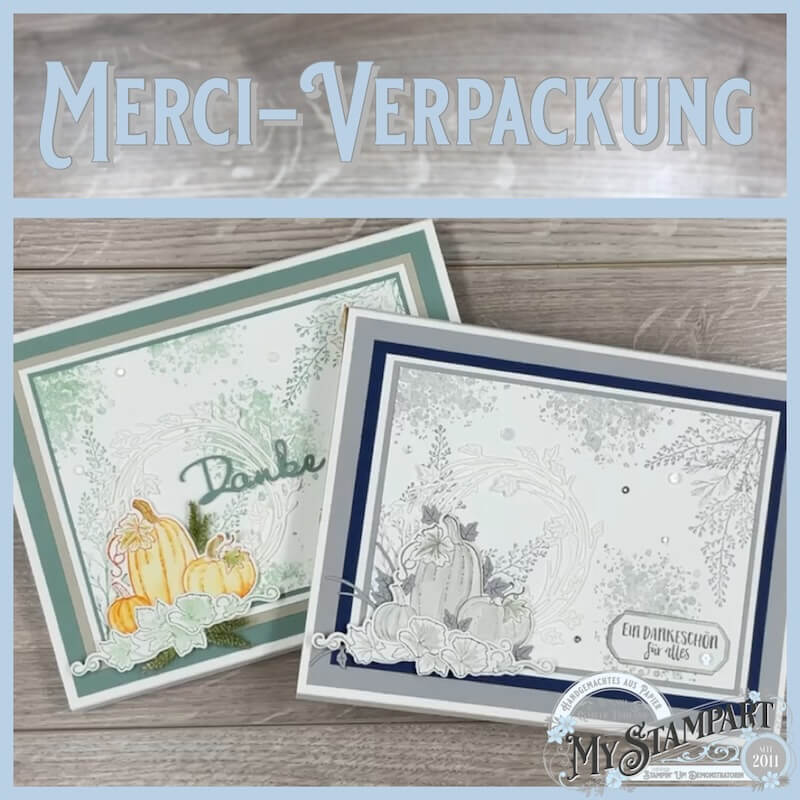 Grafik Merci-Verpackung mit zwei herbstlichen Karten mit Kürbismotiv