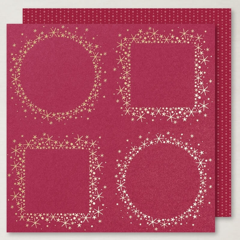 Rotes Designerpapier mit goldenen Sternrahmen als Kreise und Quadrate