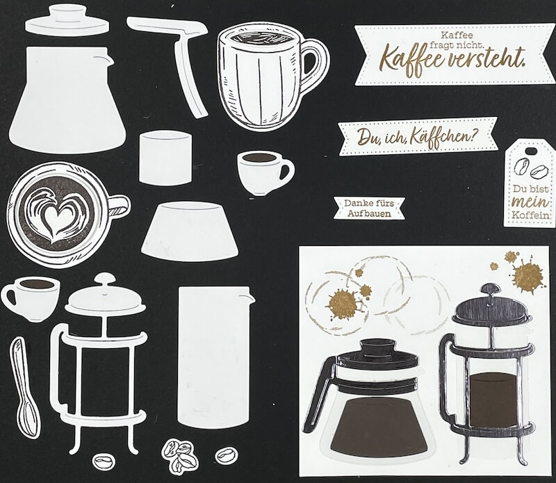 Alle Kaffeemotive abgestempelt und ausgestanzt: Tassen, French Press, Bohnen und Sprüche