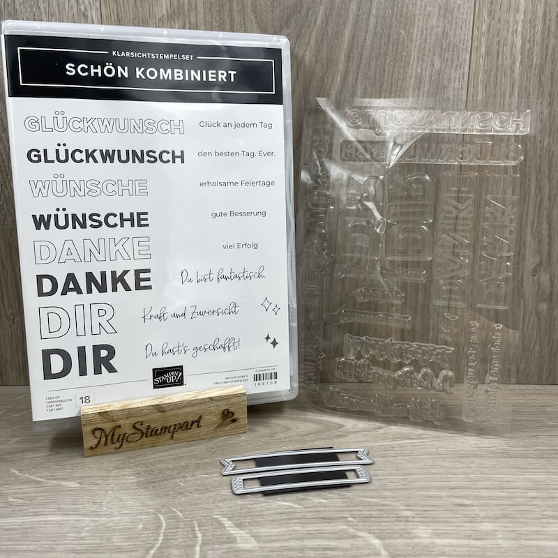 Klarsichtstempelset Schön kombiniert mit großen Wünschen, dazu Stempelblöcke und zwei Etikett-Stanzformen