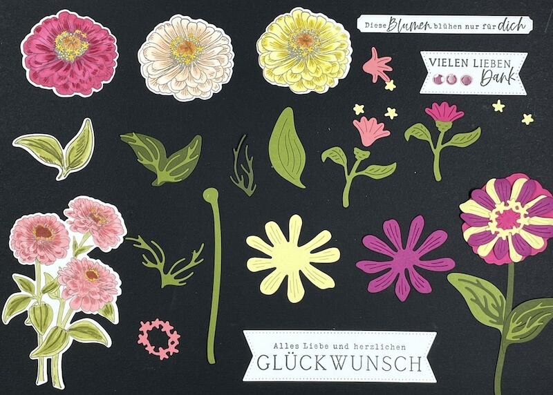 Alle Motive des Sets abgestempelt und ausgestanzt auf schwarzem Karton: Zinnien, Blätter und Sprüche