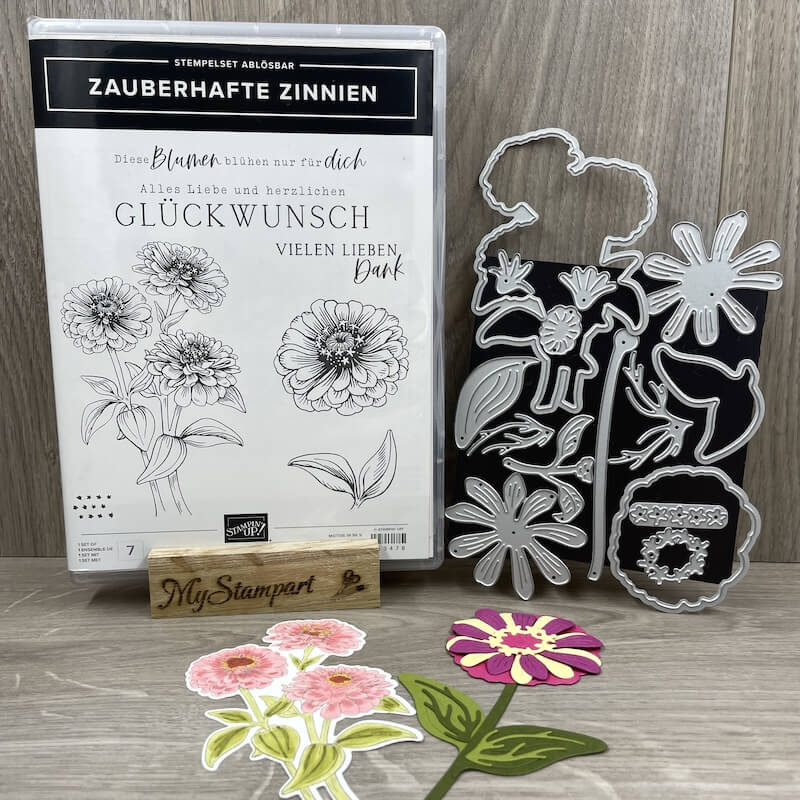 Stempelset Zauberhafte Zinnien von Stampin’ Up! mit passenden Stanzformen und bunt kolorierten Zinnien