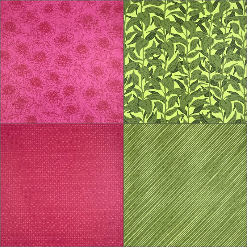Weitere Bögen: pinke Blüten, grüne Blätter, Punkte in Magenta und grüne Diagonalstreifen