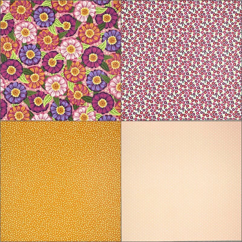 Bögen mit großen Zinnien, kleinen roten Blümchen und Punktmustern in Orange und Apricot