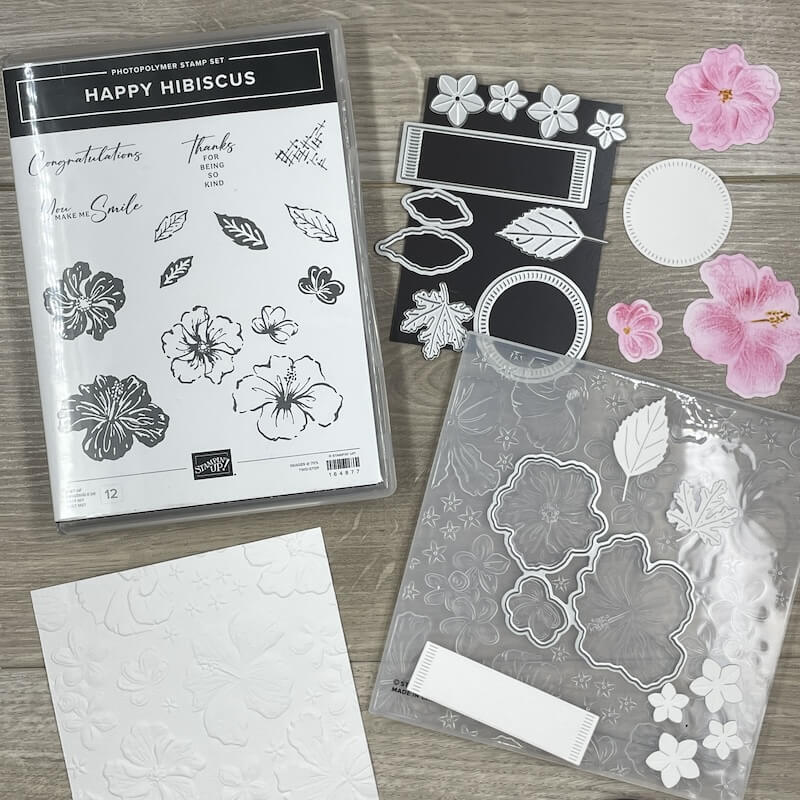 Produktpaket Happy Hibiscus von Stampin’ Up! mit Stempeln, Stanzformen und Prägeform