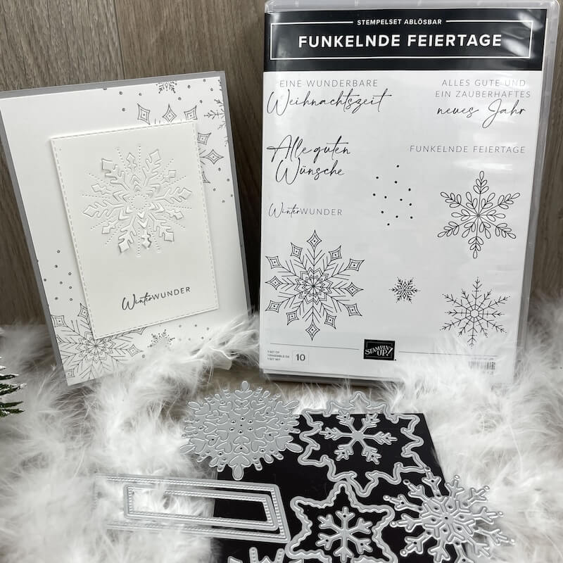 Schlichte Stampin' Up! Karte mit Schneeflocke Winterwunder neben dem Stempelset Funkelnde Feiertage