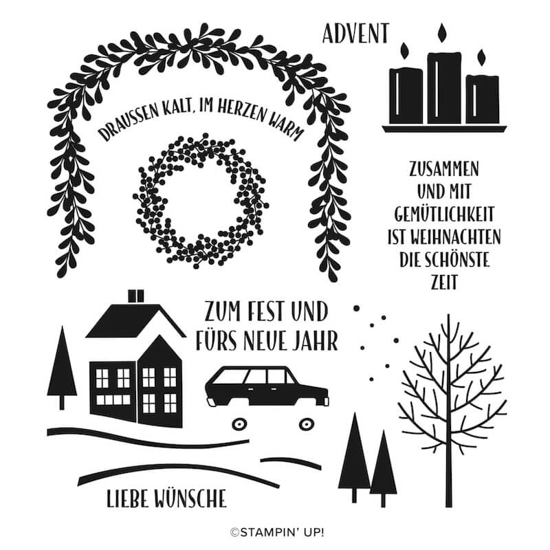 Stempelmotive: Kranz, Kerzen, Haus, Auto, Bäume und Sprüche wie Advent