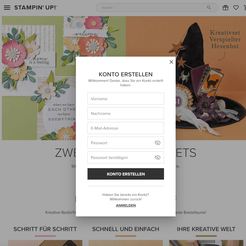 Formular zum Erstellen eines Kundenkontos bei Stampin’ Up!, der erste Schritt zur Anmeldung für das Prämienprogramm