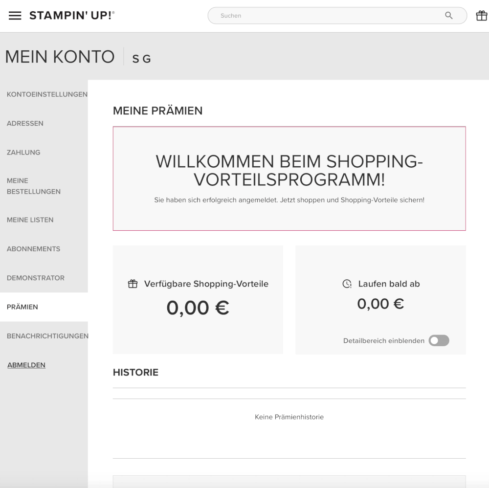 Prämienkonto im Stampin’ Up! Konto mit dem aktuellen Guthaben und dem Ablaufdatum der gesammelten Beträge