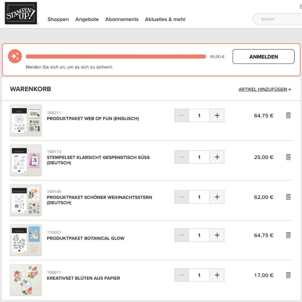 Warenkorb im Stampin’ Up! Onlineshop mit mehreren Bastelprodukten, für die es ab 25 Euro Bestellwert 10 % Shopping-Vorteil gibt