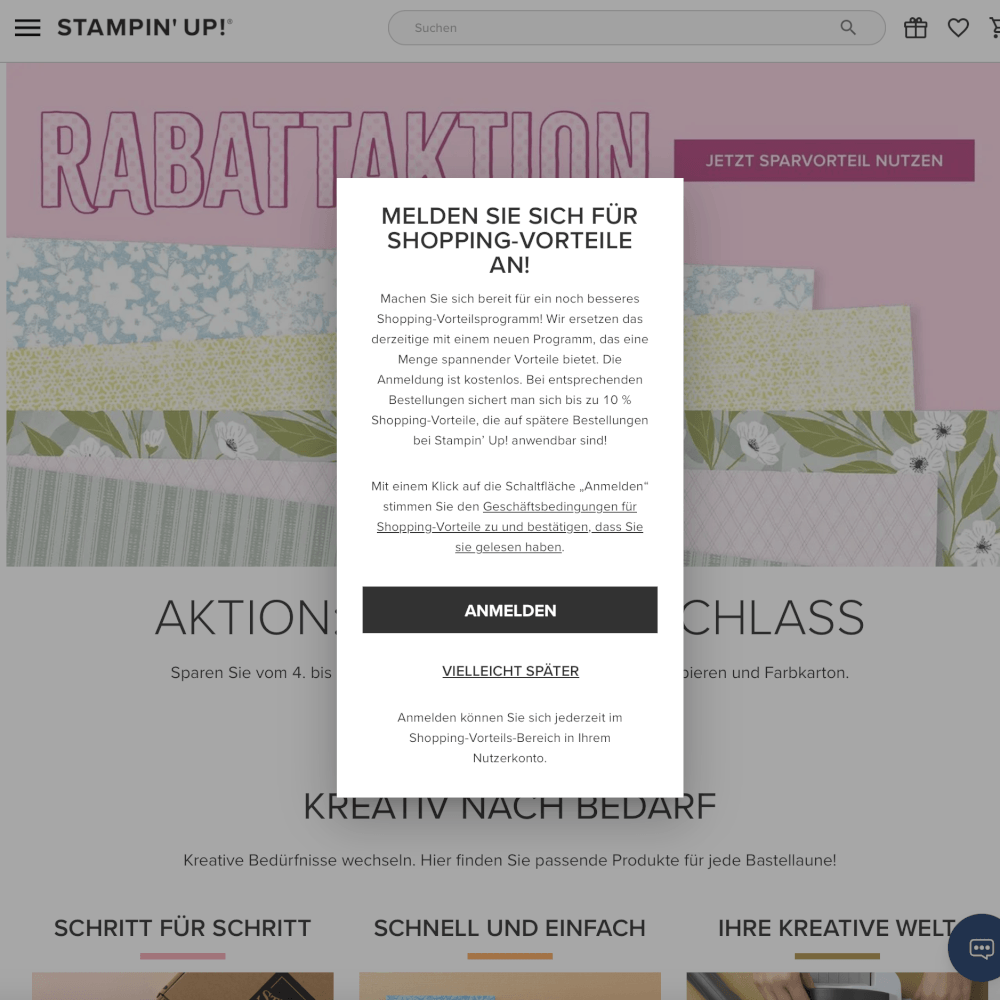 Einwilligung zur Teilnahme am Prämienprogramm direkt nach dem Anlegen des Kundenkontos bei Stampin’ Up!