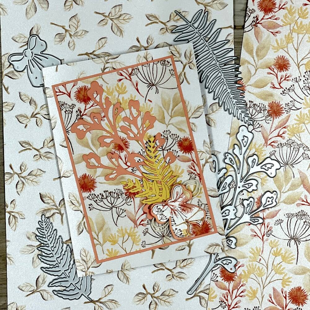 Material für die Gutscheinkarte: Designerpapier Herbstliebe, Farbkarton in Altrosé und Goldbraun, Stanzformen und Kordel