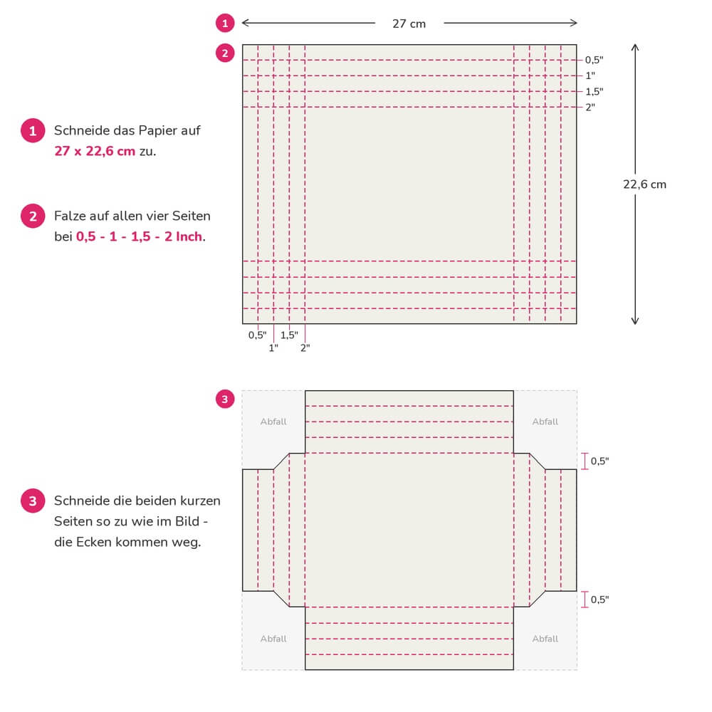 Skizze zur Rahmenbox für die Hallorenkugeln mit Papiermaß 27 x 22,6 cm, den Falzlinien bei 0,5 bis 2 Inch und den abzuschneidenden Ecken