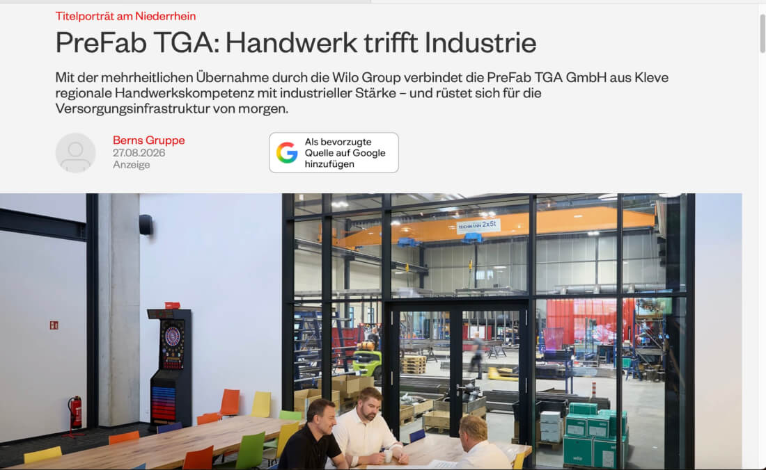 Titelgeschichte über PreFab im Niederrhein Manager erschienen