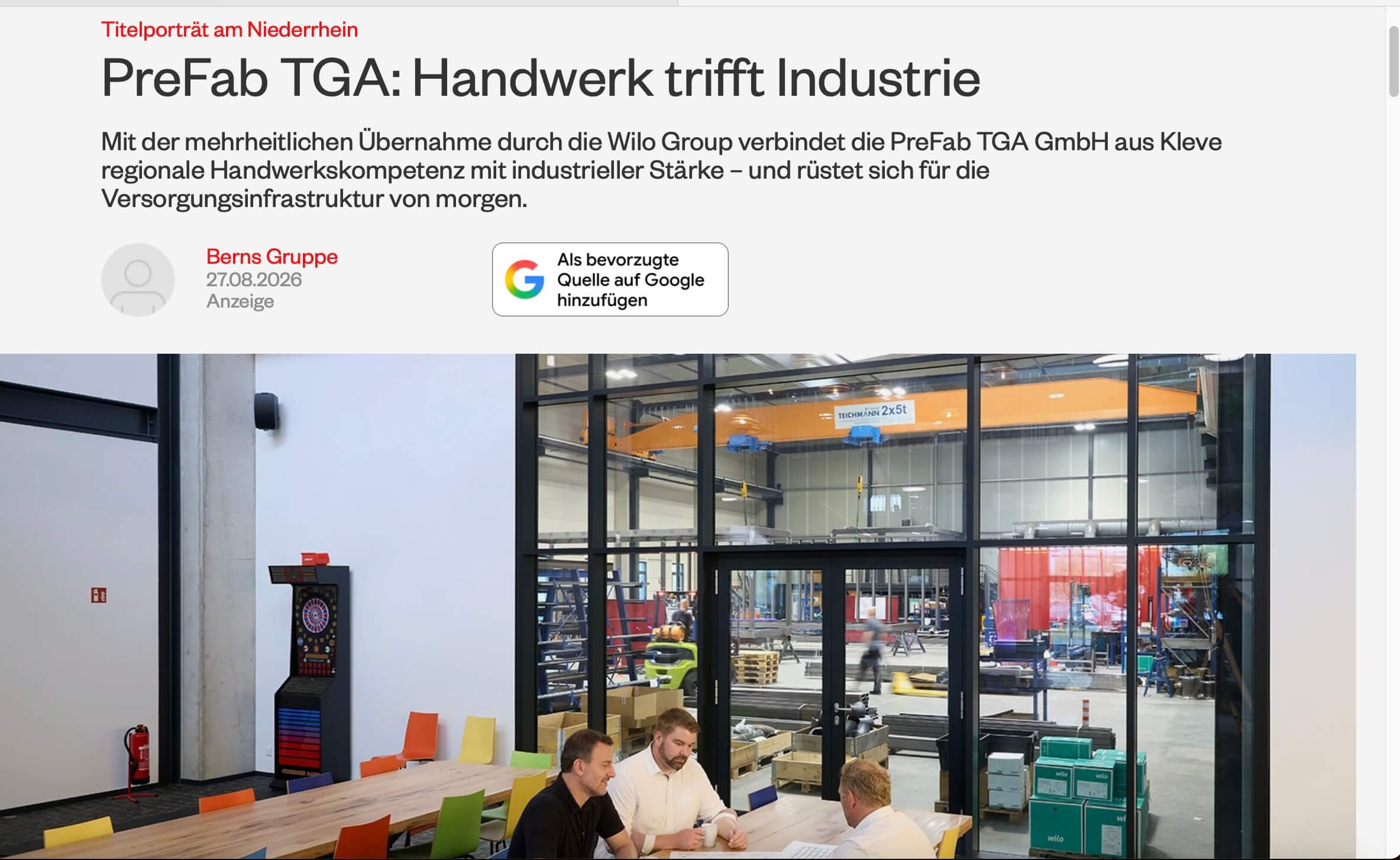 Titelgeschichte über PreFab im Niederrhein Manager erschienen