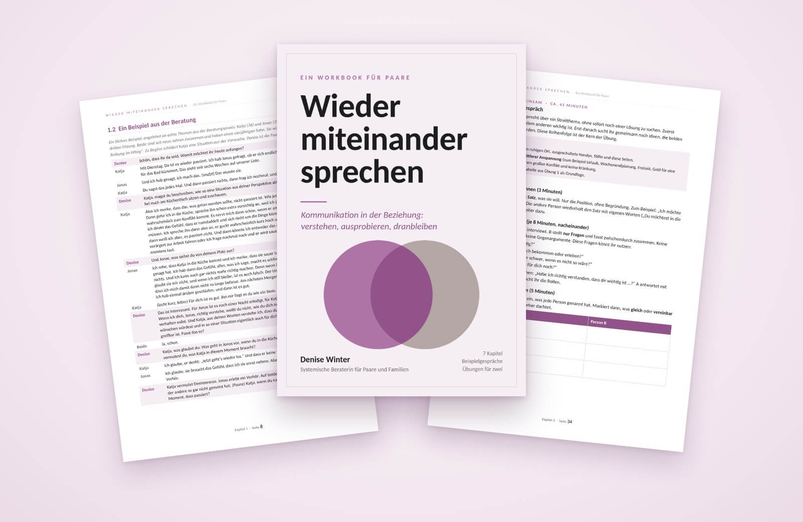 Drei Seiten aus dem Workbook: die Titelseite sowie zwei Innenseiten mit einem Beispielgespräch und einer Übung