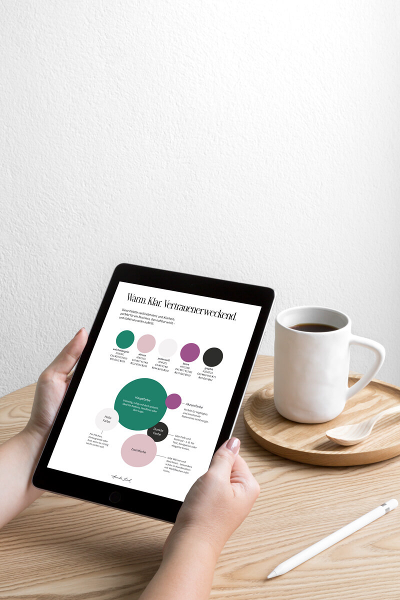 Brandboard-Beispiel mit Farbpalette, Schriften und Beispielbildern
