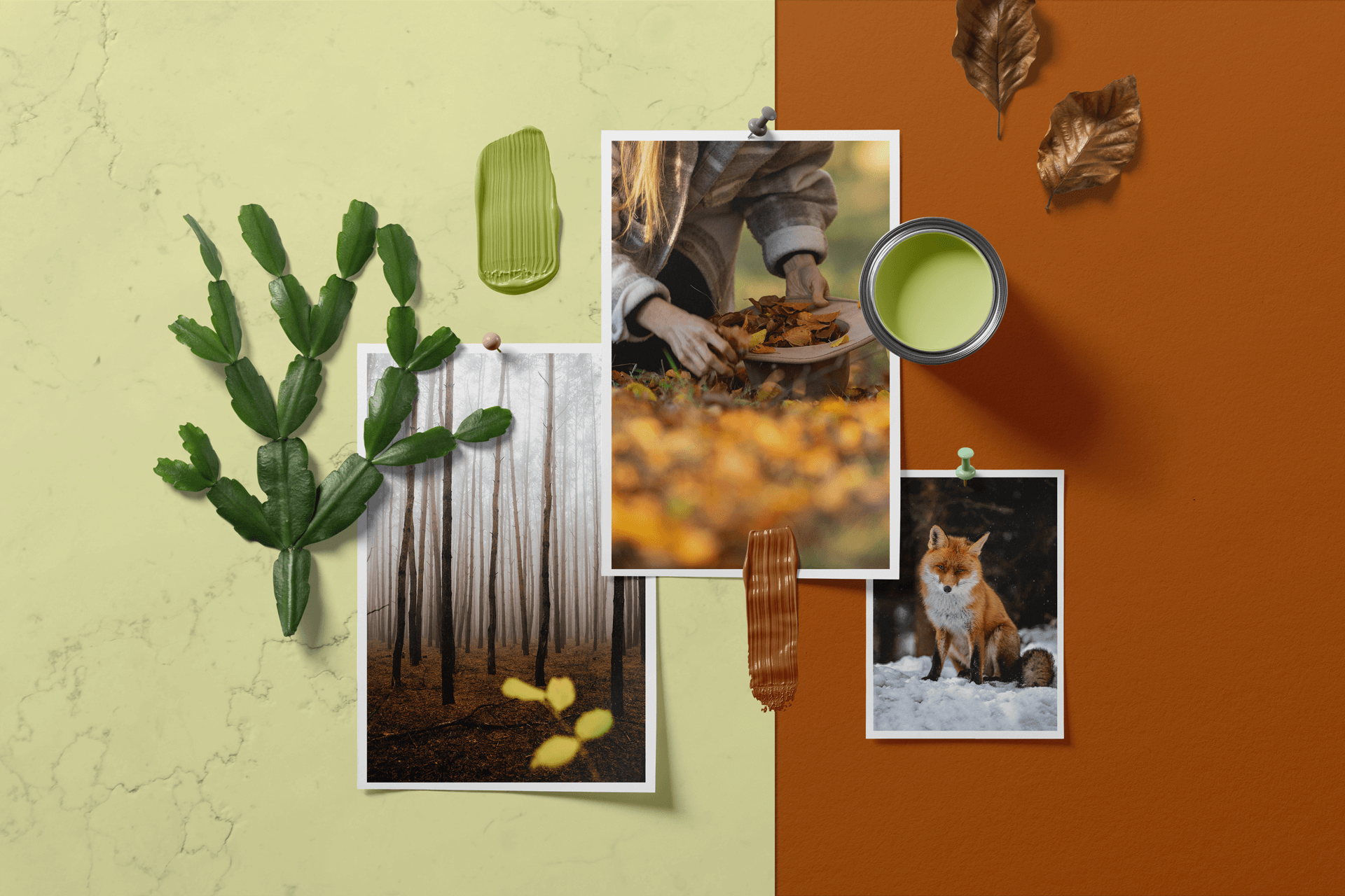 Moodboard in Braun- und Grüntönen