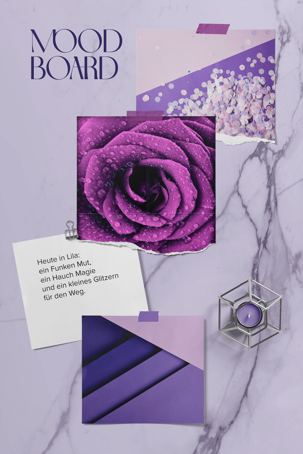 Inspirierendes Moodboard in Lila, mit Rosendetail, Konfetti und strukturierten Papierflächen – symbolisiert den Startpunkt des DesignKonfetti Refresh.