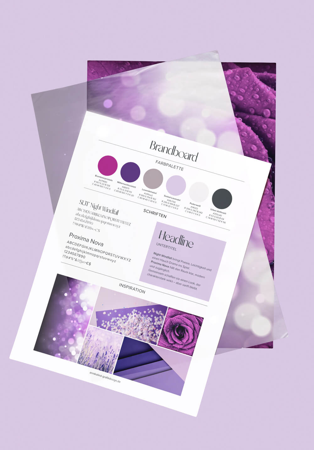 Brandboard-Mockup in sanften Lila-Tönen mit Farbpalette, Schriften und Inspirationsbildern – zeigt das ästhetische Mini-Branddesign des Refresh Light Pakets.