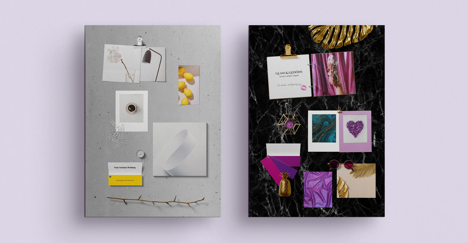 Zwei kombinierte Moodboards: links klar, ruhig und reduziert mit viel Weißraum, rechts glamourös und verspielt mit satten Farben, Goldakzenten und starken Kontrasten – zwei gegensätzliche Designrichtungen nebeneinander.