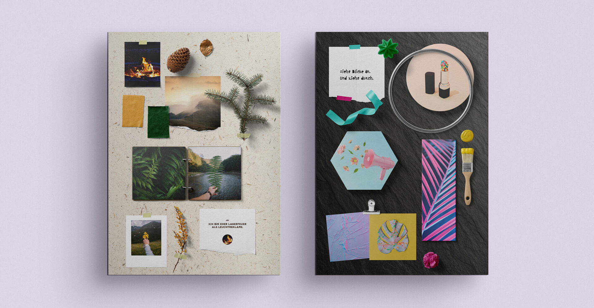 Zwei kombinierte Moodboards: links roh, lebendig und naturinspiriert mit starken Texturen, rechts laut, bunt und experimentell mit Neonfarben, grafischen Elementen und hoher Energie – Ausdruck von Stilbruch und Vielfalt.