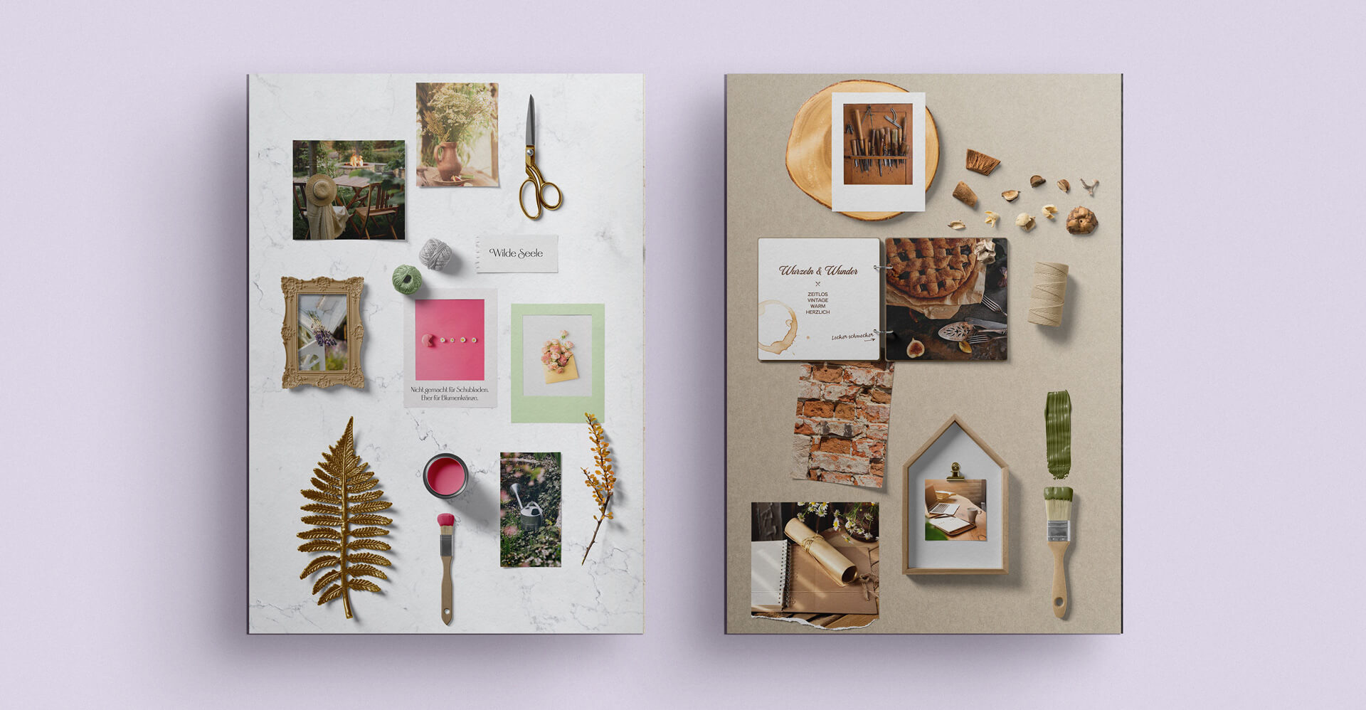Zwei kombinierte Moodboards: links naturverbunden, verspielt und frei mit organischen Formen und warmen Farben, rechts ruhig, erdig und handwerklich mit Texturen, Holz und gedeckten Naturtönen – verwandte, aber unterschiedliche Stilwelten.