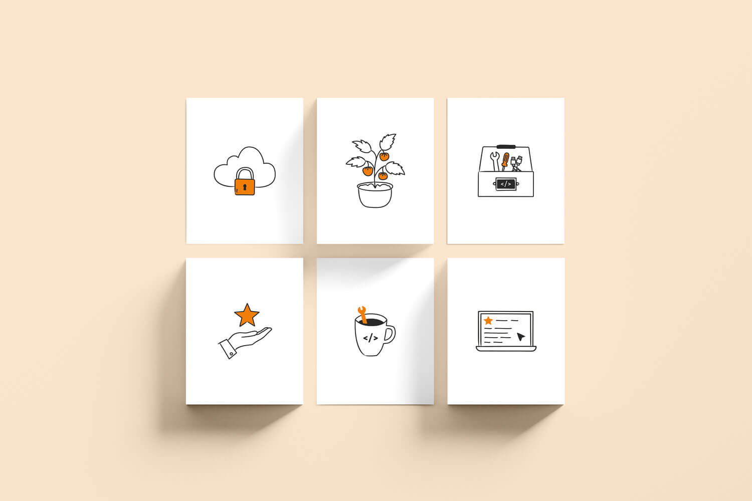 Raster aus kleinen illustrierten Icons auf quadratischen Karten in warmen Farbtönen.