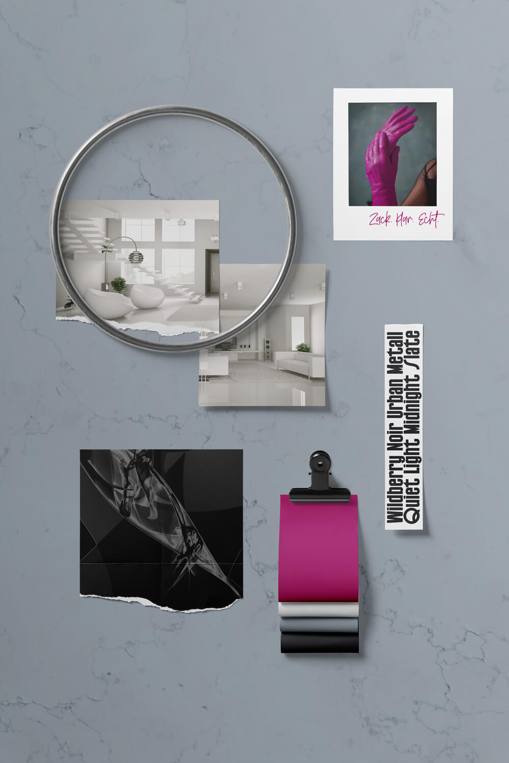 Moodboard für ein Rebranding mit magentafarbenen Akzenten, minimalistischer Architektur, Materialien und Editorial-Elementen als visuelle Stilrichtung.