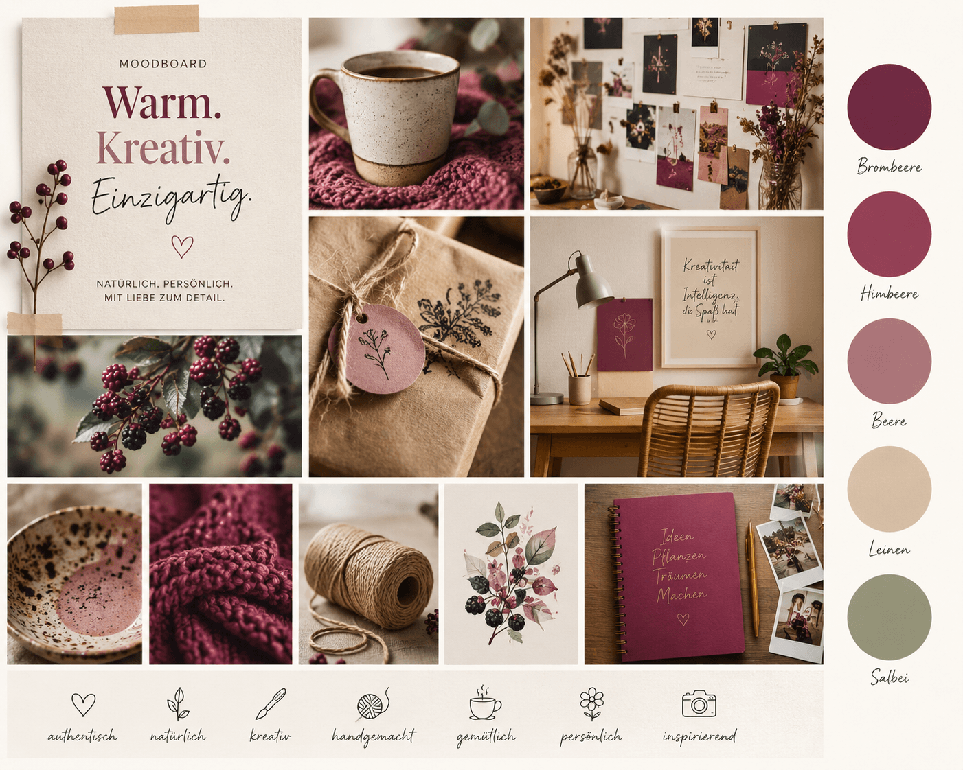 KI-generiertes Moodboard mit Beerentönen, Naturmaterialien, gemütlicher kreativer Stimmung und handgemachten Details.