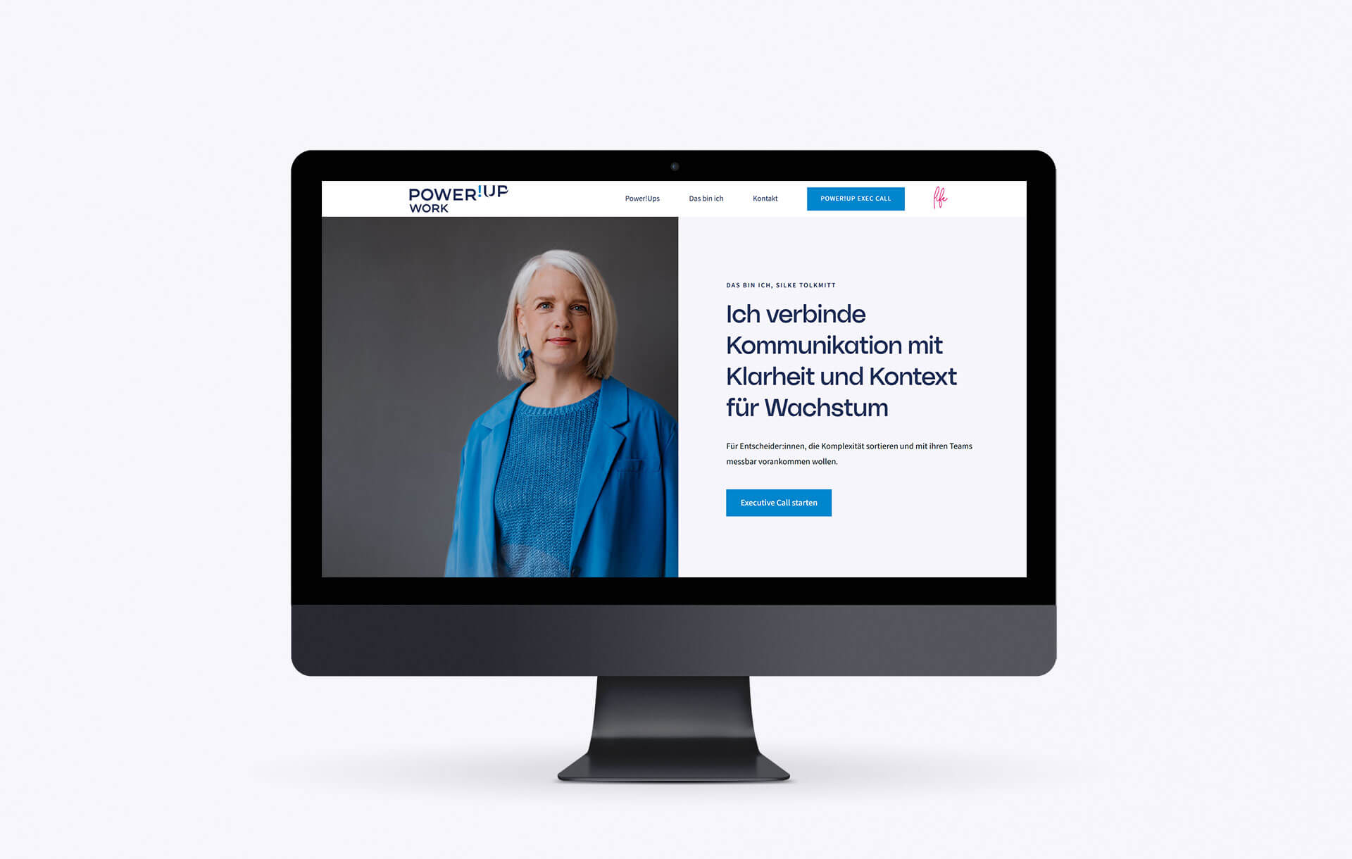Responsive Website für Power!Up Work mit klarer Markenwelt, kräftigen Signalfarben und Portrait von Gründerin Silke Tolkmitt