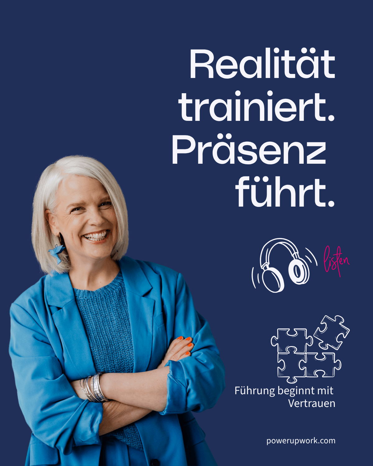 Trainerin vor dunkelblauem Hintergrund mit dem Claim „Realität trainiert. Präsenz führt.“ – Beitrag über Führung, Beziehung und Ausbildungsrealitäten.