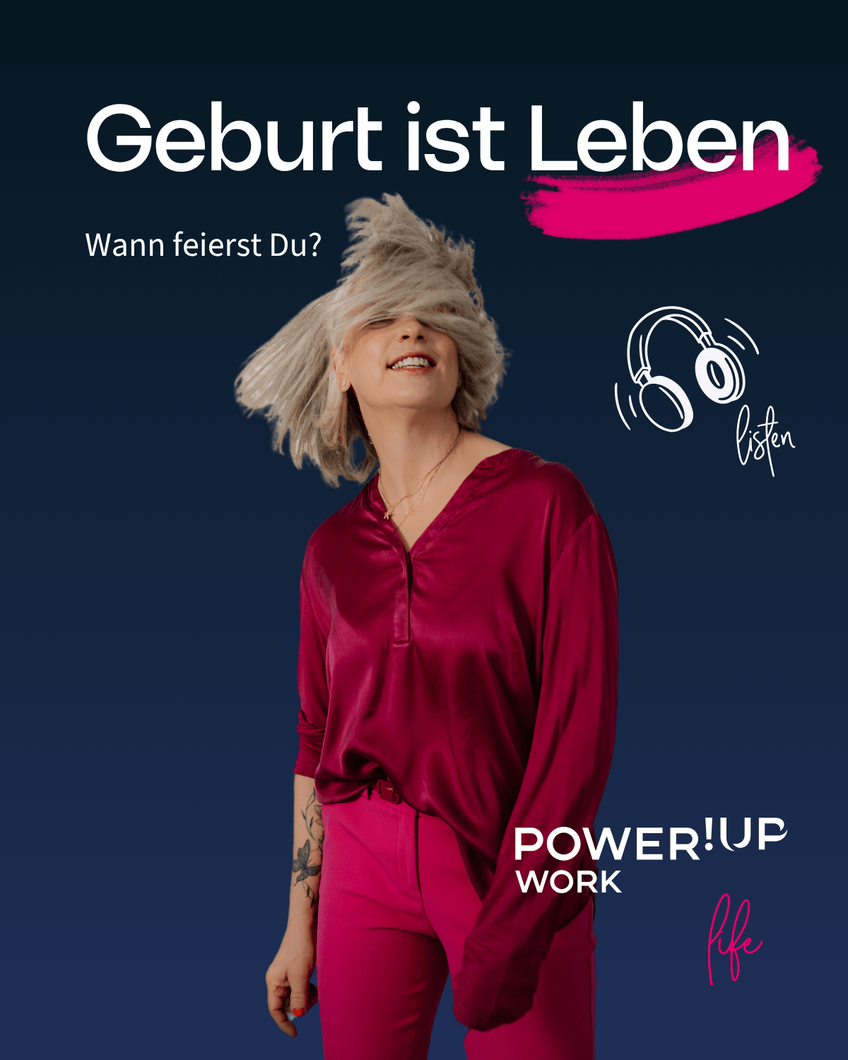 Silke in pinkfarbener Kleidung mit geschlossenen Augen und wehendem Haar vor dunkelblauem Hintergrund. Darüber die Überschrift „Geburt ist Leben“ als Ankündigung eines persönlichen Beitrags über Dankbarkeit, das Feiern des Lebens und einen 50. Geburtstag.