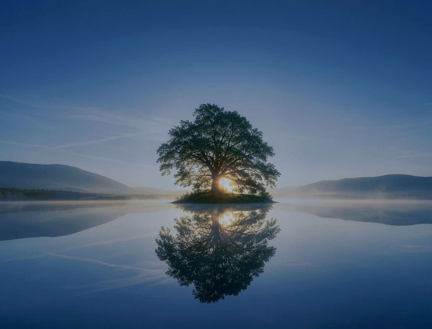 Sonnenaufgang über dem ruhigen Starnberger See mit einem einzelnen Baum auf einer kleinen Insel und seiner Spiegelung im Wasser.