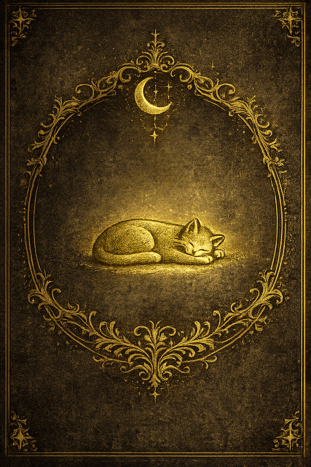 Eine Orakelkarte mit einer schlafenden Katze in ein Ornament gefasst und wie eine Buchseite gerahmt. Der Klick auf dieses Bild ermöglicht einen Orakeltext.