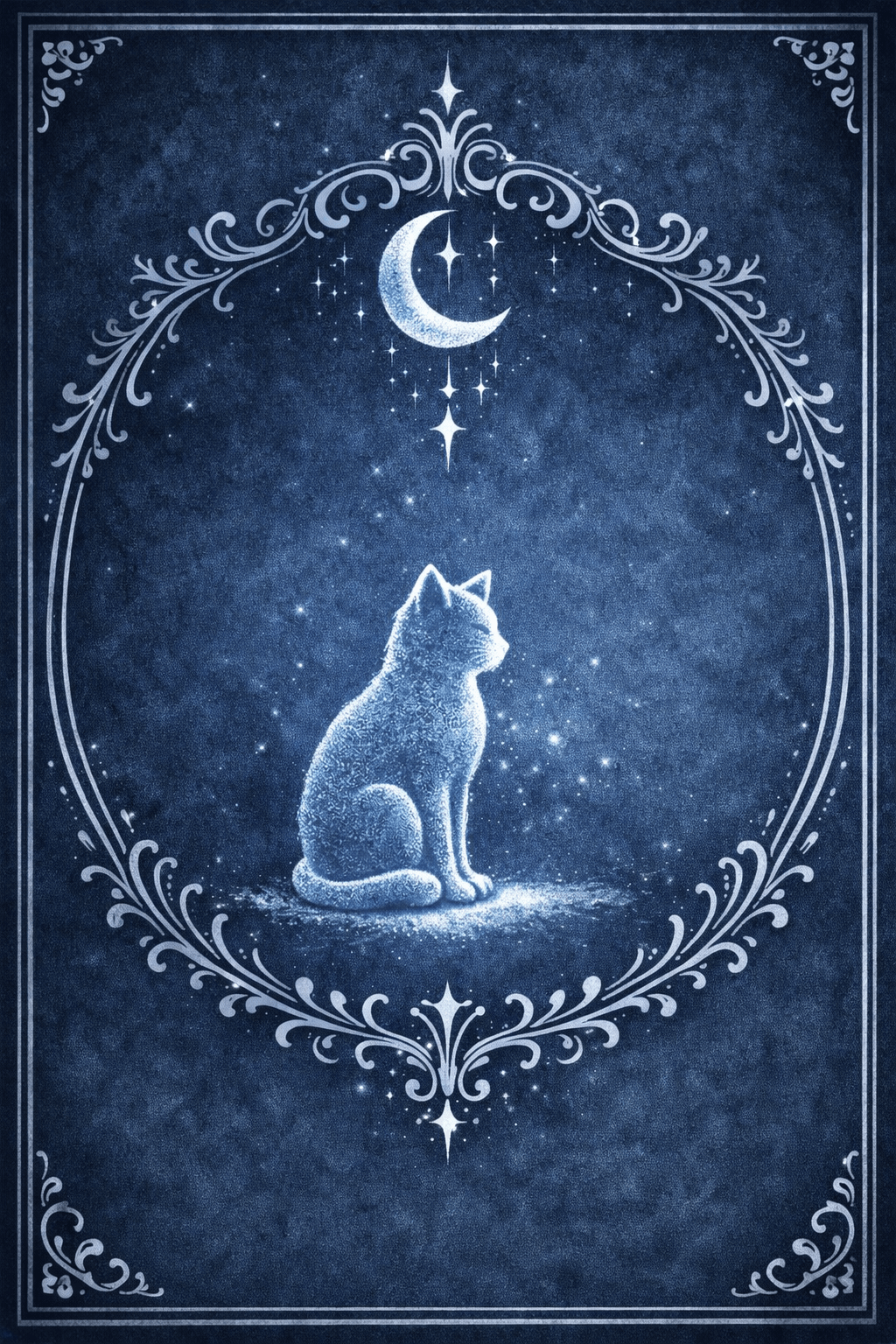 Eine Orakelkarte mit einer sitzenden Katze in ein Ornament gefasst und wie eine Buchseite gerahmt. Der Klick auf dieses Bild ermöglicht einen Orakeltext.