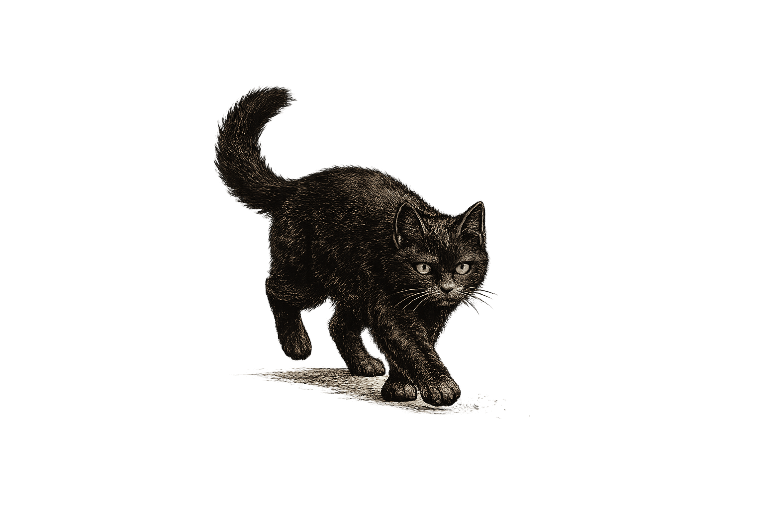 Schwarze Katze kommt auf den Betrachter zu