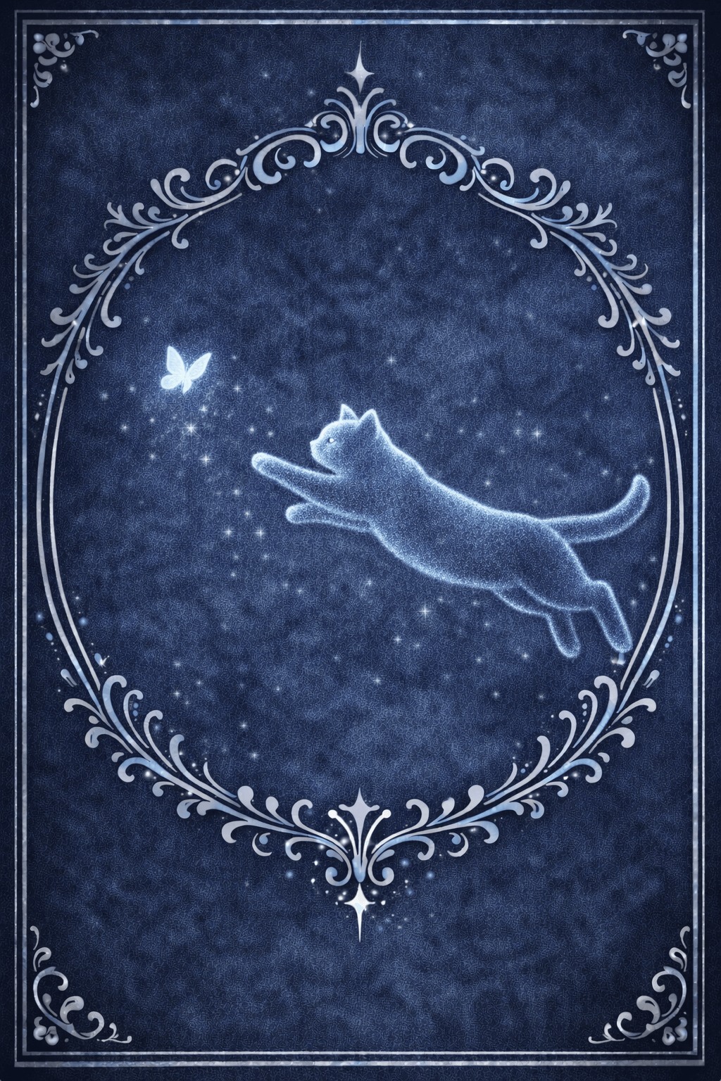 Eine Orakelkarte mit einer sitzenden Katze in ein Ornament gefasst und wie eine Buchseite gerahmt. Der Klick auf dieses Bild ermöglicht einen Orakeltext.