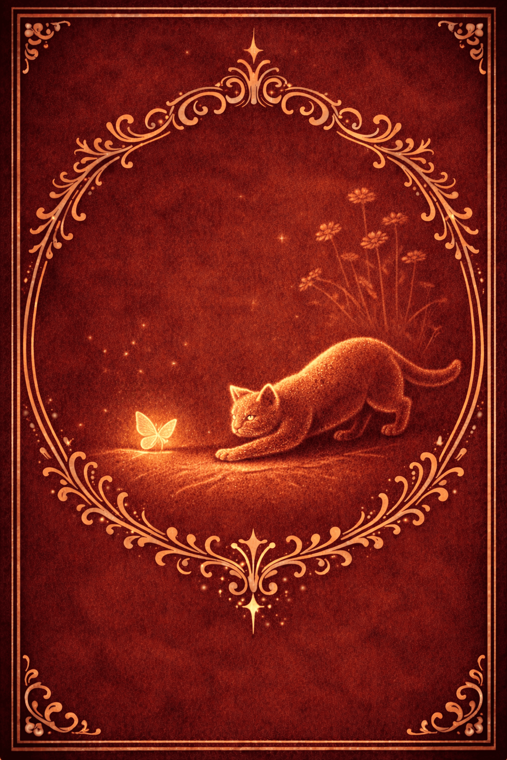 Eine Orakelkarte mit einer sitzenden Katze in ein Ornament gefasst und wie eine Buchseite gerahmt. Der Klick auf dieses Bild ermöglicht einen Orakeltext.