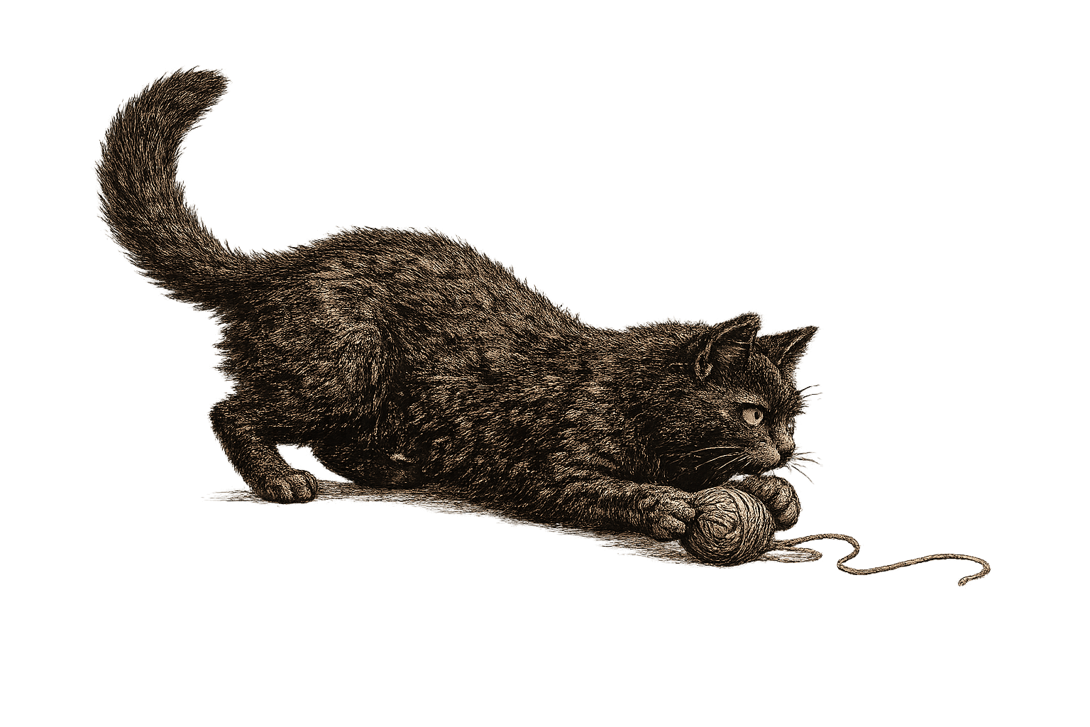 Eine schwarze Katze spielt mit einem Wollknäuel