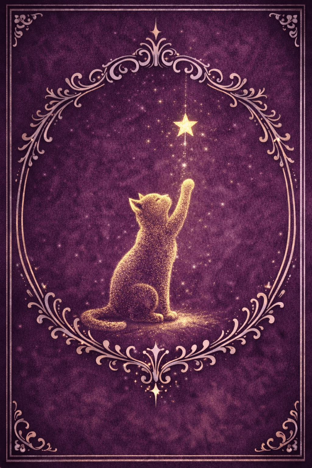 Eine Orakelkarte mit einer nach einem Stern greifenden Katze in ein Ornament gefasst und wie eine Buchseite gerahmt. Der Klick auf dieses Bild ermöglicht einen Orakeltext.