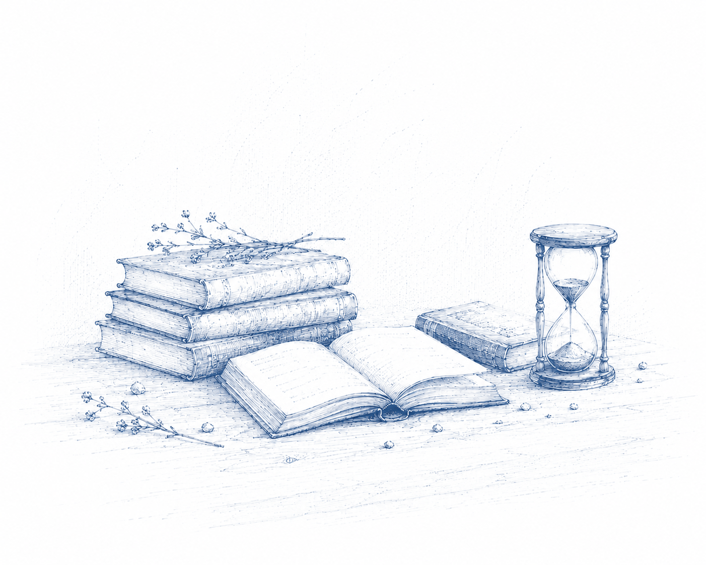 Bücher und eine Sanduhr auf einem Tisch, drum herum 