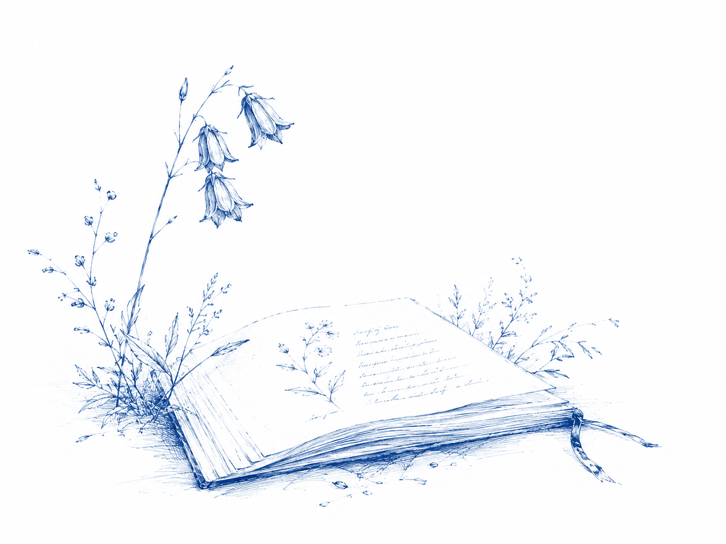 Eine Glockenblume neben einem geöffneten Buch mit botanischer Zeichnung