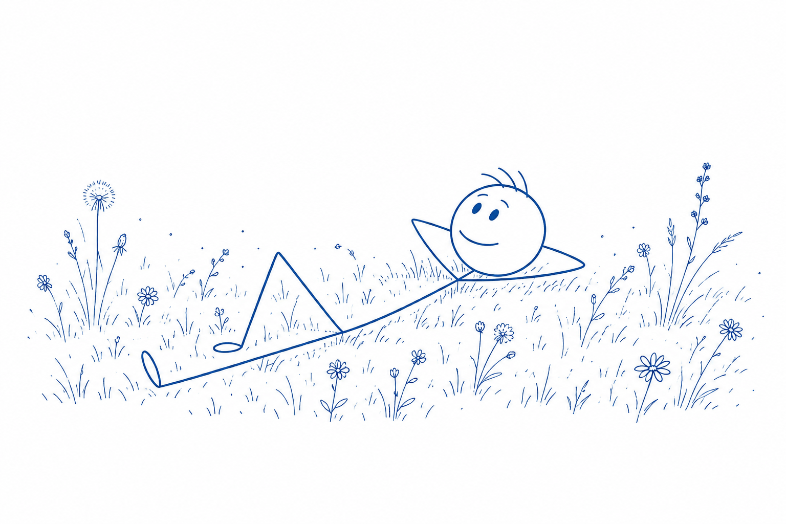 Fred auf der Wiese liegend und in den Himmel schauend. Fred ist das Strichmännchen der Phönix-Akademie.