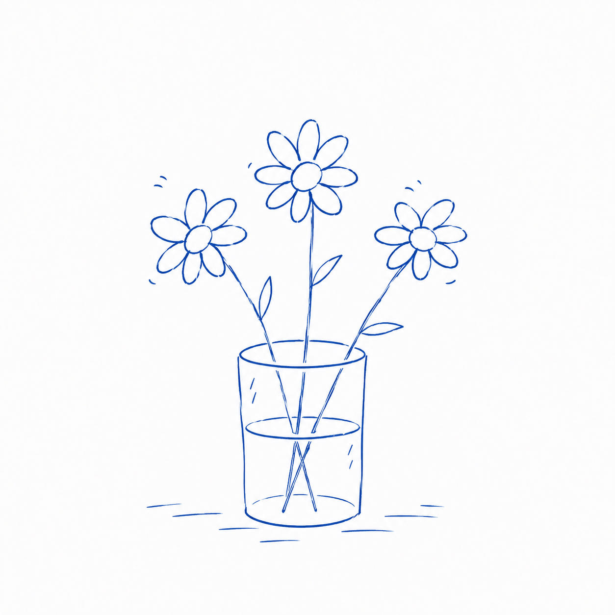 Drei Blumen in einem Glas Wasser, sehr schlicht und reduziert gezeichnet.