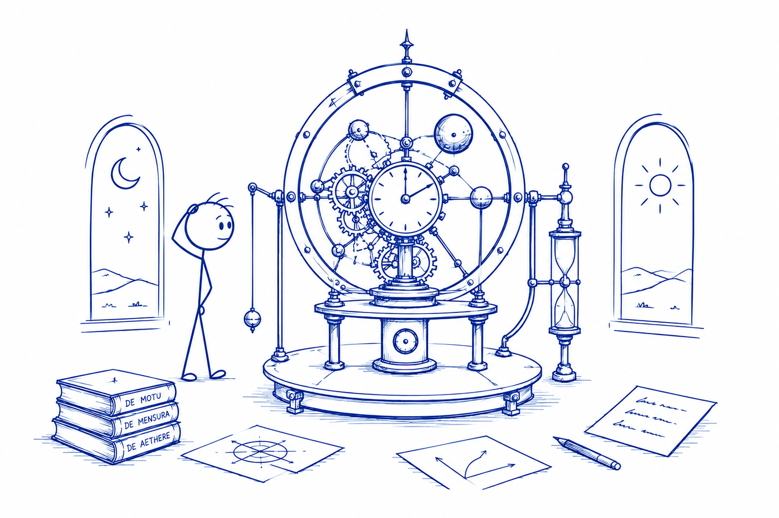 Staun-Oh-Graph gezeichnet, Fred hat ihn kreiert, ein Strichmännchen, neben seiner Maschine, gezeichnet. Ebenso sind Tag und Nacht gleichzeitig zu sehen, eine Uhr im Apparat, ebenso eine Sanduhr, ein Lot und andere Zhnradkonstruktionen. Drumherum Bücher und Skizzen. Fred kratzt sich am Kopf.